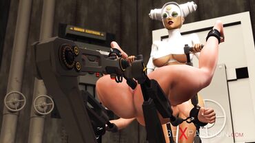 Busty 3D dominatrix teasing her 3D sex slave in a big cartoon fuck machine